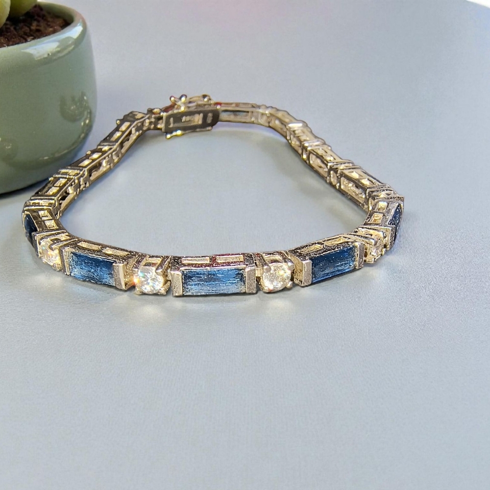 Slender Blue And Clear CZ Tennis Bracelet In Sterling Silver